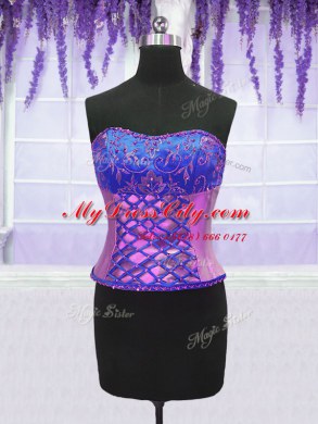 Fancy Four Piece Sleeveless Organza Floor Length Lace Up Quince Ball Gowns in Purple with Embroidery and Ruffles