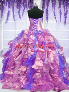 Fancy Four Piece Sleeveless Organza Floor Length Lace Up Quince Ball Gowns in Purple with Embroidery and Ruffles