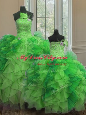 Beading and Ruffles 15th Birthday Dress Green Lace Up Sleeveless Floor Length