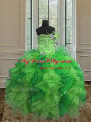 Beading and Ruffles 15th Birthday Dress Green Lace Up Sleeveless Floor Length