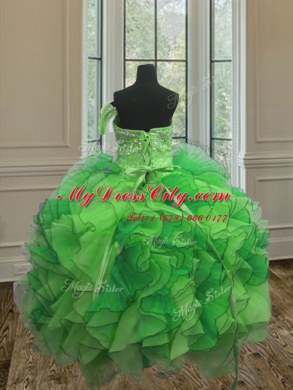 Beading and Ruffles 15th Birthday Dress Green Lace Up Sleeveless Floor Length
