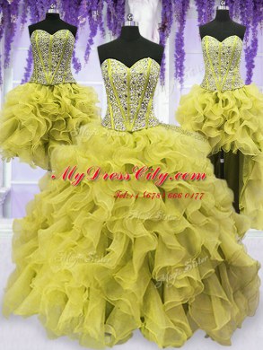 Four Piece Light Yellow Quinceanera Gown Military Ball and Sweet 16 and Quinceanera and For with Beading and Ruffles Sweetheart Sleeveless Lace Up
