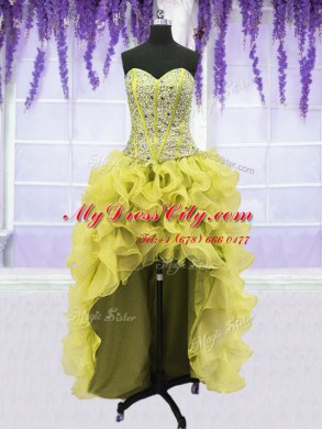 Four Piece Light Yellow Quinceanera Gown Military Ball and Sweet 16 and Quinceanera and For with Beading and Ruffles Sweetheart Sleeveless Lace Up