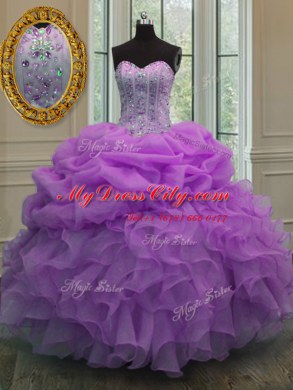 Ideal Lilac Lace Up Sweetheart Beading and Pick Ups Quinceanera Gown Organza Sleeveless
