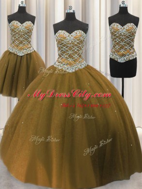 Noble Three Piece Brown Ball Gowns Tulle Sweetheart Sleeveless Beading and Sequins Floor Length Lace Up Vestidos de Quinceanera