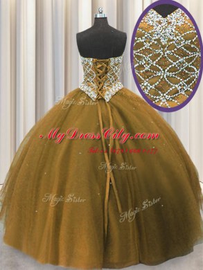 Noble Three Piece Brown Ball Gowns Tulle Sweetheart Sleeveless Beading and Sequins Floor Length Lace Up Vestidos de Quinceanera