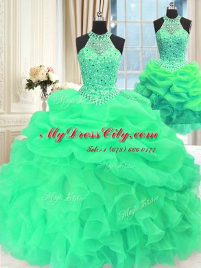 Fashion Three Piece Green High-neck Lace Up Beading and Pick Ups Sweet 16 Dresses Sleeveless