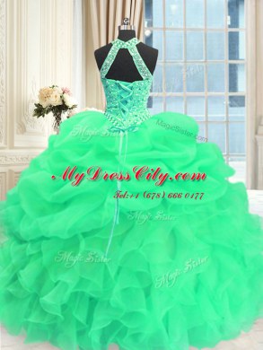 Fashion Three Piece Green High-neck Lace Up Beading and Pick Ups Sweet 16 Dresses Sleeveless
