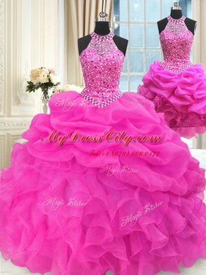 Three Piece High-neck Sleeveless 15 Quinceanera Dress Floor Length Beading and Pick Ups Hot Pink Organza