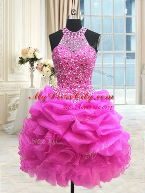 Three Piece High-neck Sleeveless 15 Quinceanera Dress Floor Length Beading and Pick Ups Hot Pink Organza