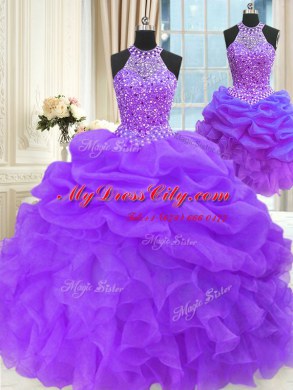 Three Piece Eggplant Purple Sleeveless Beading and Pick Ups Floor Length Sweet 16 Quinceanera Dress
