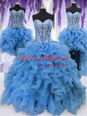 Four Piece Blue Ball Gowns Organza Sweetheart Sleeveless Ruffles and Sequins Floor Length Lace Up Quinceanera Dress