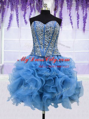 Four Piece Blue Ball Gowns Organza Sweetheart Sleeveless Ruffles and Sequins Floor Length Lace Up Quinceanera Dress