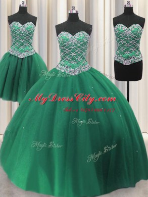 Top Selling Three Piece Green Lace Up Sweetheart Beading and Ruffles 15 Quinceanera Dress Tulle Sleeveless