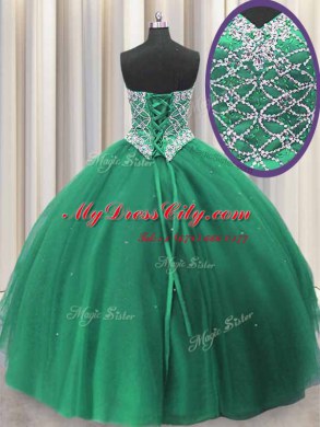 Top Selling Three Piece Green Lace Up Sweetheart Beading and Ruffles 15 Quinceanera Dress Tulle Sleeveless