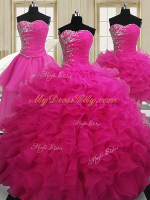 Simple Four Piece Hot Pink Sweetheart Neckline Beading 15th Birthday Dress Sleeveless Zipper