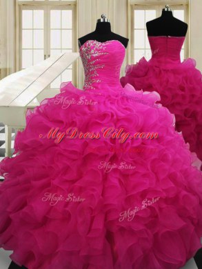 Simple Four Piece Hot Pink Sweetheart Neckline Beading 15th Birthday Dress Sleeveless Zipper