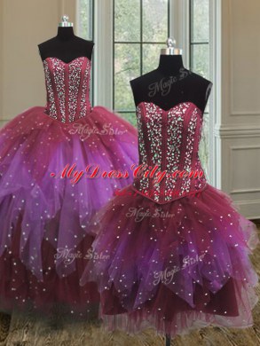 Graceful Three Piece Ball Gowns Sweet 16 Dress Multi-color Sweetheart Tulle Sleeveless Floor Length Lace Up