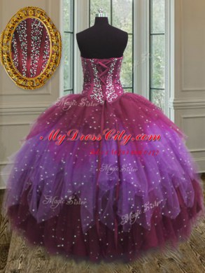 Graceful Three Piece Ball Gowns Sweet 16 Dress Multi-color Sweetheart Tulle Sleeveless Floor Length Lace Up