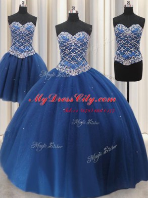 Elegant Three Piece Sequins Blue Sleeveless Tulle Lace Up 15 Quinceanera Dress for Military Ball and Sweet 16 and Quinceanera