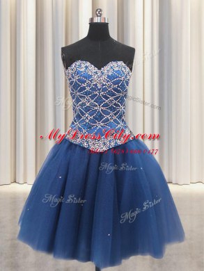 Elegant Three Piece Sequins Blue Sleeveless Tulle Lace Up 15 Quinceanera Dress for Military Ball and Sweet 16 and Quinceanera