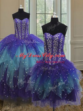 Artistic Three Piece Multi-color Ball Gowns Beading and Ruffles and Sequins Quinceanera Gowns Lace Up Tulle Sleeveless Floor Length