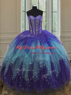 Artistic Three Piece Multi-color Ball Gowns Beading and Ruffles and Sequins Quinceanera Gowns Lace Up Tulle Sleeveless Floor Length