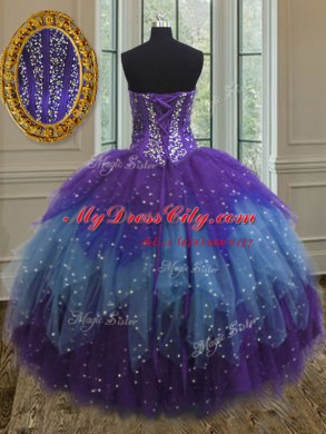Artistic Three Piece Multi-color Ball Gowns Beading and Ruffles and Sequins Quinceanera Gowns Lace Up Tulle Sleeveless Floor Length