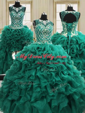 Stunning Four Piece Dark Green Scoop Lace Up Beading and Ruffles Vestidos de Quinceanera Sleeveless