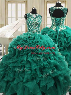 Stunning Four Piece Dark Green Scoop Lace Up Beading and Ruffles Vestidos de Quinceanera Sleeveless
