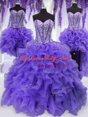Four Piece Lavender Ball Gowns Embroidery and Ruffles and Ruffled Layers and Sashes ribbons 15th Birthday Dress Lace Up Organza Sleeveless Floor Length