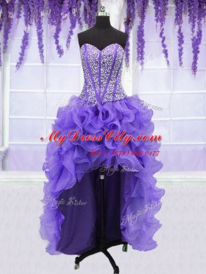 Four Piece Lavender Ball Gowns Embroidery and Ruffles and Ruffled Layers and Sashes ribbons 15th Birthday Dress Lace Up Organza Sleeveless Floor Length