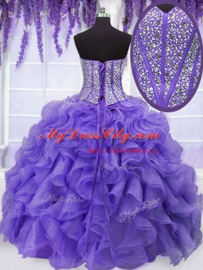 Four Piece Lavender Ball Gowns Embroidery and Ruffles and Ruffled Layers and Sashes ribbons 15th Birthday Dress Lace Up Organza Sleeveless Floor Length