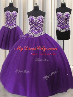 Three Piece Floor Length Lace Up Sweet 16 Dress Eggplant Purple for Military Ball and Sweet 16 and Quinceanera with Beading and Sequins