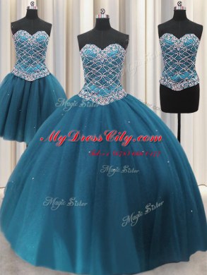 Customized Three Piece Teal Sleeveless Floor Length Beading and Ruffles Lace Up Quinceanera Dress