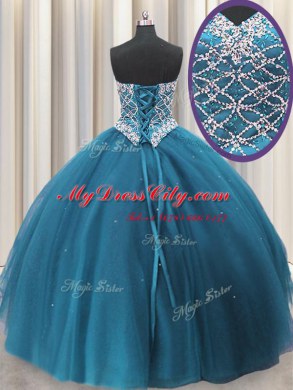 Customized Three Piece Teal Sleeveless Floor Length Beading and Ruffles Lace Up Quinceanera Dress