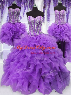 Flirting Four Piece Eggplant Purple Lace Up Sweetheart Ruffles and Sequins Sweet 16 Quinceanera Dress Organza Sleeveless