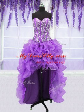 Flirting Four Piece Eggplant Purple Lace Up Sweetheart Ruffles and Sequins Sweet 16 Quinceanera Dress Organza Sleeveless