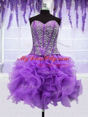Flirting Four Piece Eggplant Purple Lace Up Sweetheart Ruffles and Sequins Sweet 16 Quinceanera Dress Organza Sleeveless