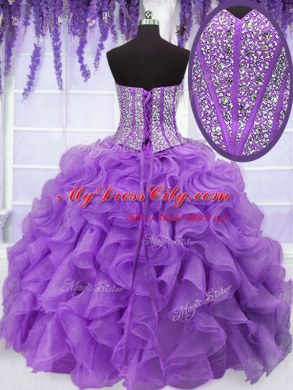 Flirting Four Piece Eggplant Purple Lace Up Sweetheart Ruffles and Sequins Sweet 16 Quinceanera Dress Organza Sleeveless