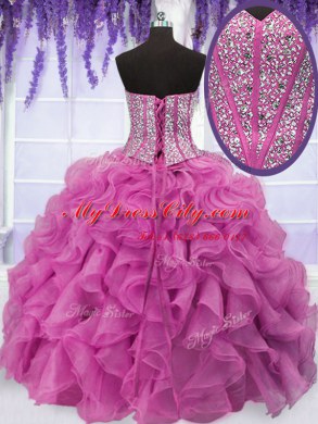 Comfortable Four Piece Sleeveless Lace Up Floor Length Ruffles and Sequins Ball Gown Prom Dress