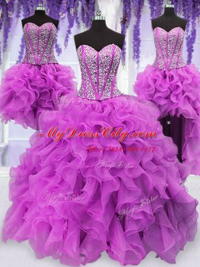 Fabulous Four Piece Fuchsia Organza Lace Up Sweetheart Sleeveless Floor Length Vestidos de Quinceanera Ruffles and Sequins