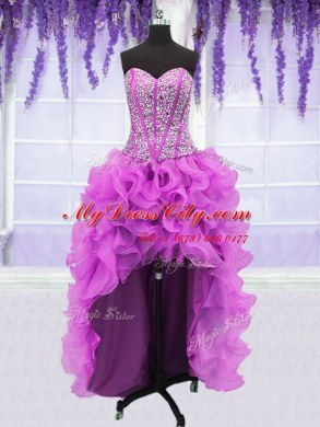 Fabulous Four Piece Fuchsia Organza Lace Up Sweetheart Sleeveless Floor Length Vestidos de Quinceanera Ruffles and Sequins