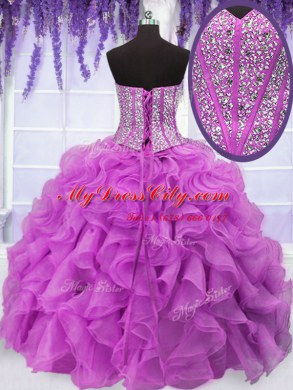 Fabulous Four Piece Fuchsia Organza Lace Up Sweetheart Sleeveless Floor Length Vestidos de Quinceanera Ruffles and Sequins