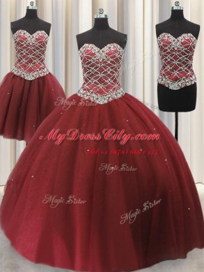 Free and Easy Three Piece Sequins Floor Length Burgundy Quince Ball Gowns Sweetheart Sleeveless Lace Up