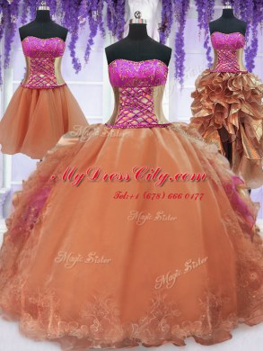 New Style Four Piece Ball Gowns Quinceanera Dresses Orange Strapless Organza Sleeveless Floor Length Lace Up