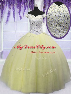Adorable Off the Shoulder Light Yellow Short Sleeves Beading Floor Length Quince Ball Gowns