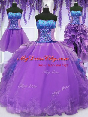 Comfortable Four Piece Lavender Ball Gowns Strapless Sleeveless Organza Floor Length Lace Up Embroidery and Ruffles Sweet 16 Quinceanera Dress