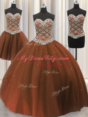 Luxurious Three Piece Brown Tulle Lace Up Sweetheart Sleeveless Floor Length Sweet 16 Quinceanera Dress Beading and Sequins