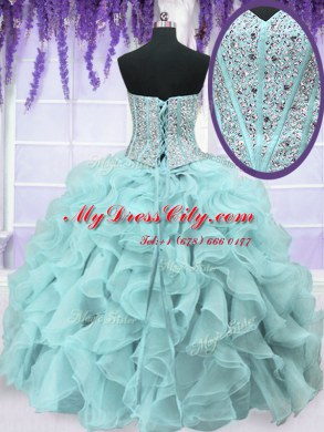 Four Piece Sleeveless Floor Length Ruffles and Sequins Lace Up Sweet 16 Quinceanera Dress with Light Blue